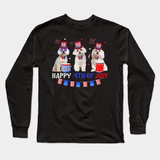 Three Maltese Happy 4th Of July American Flag Long Sleeve T-Shirt